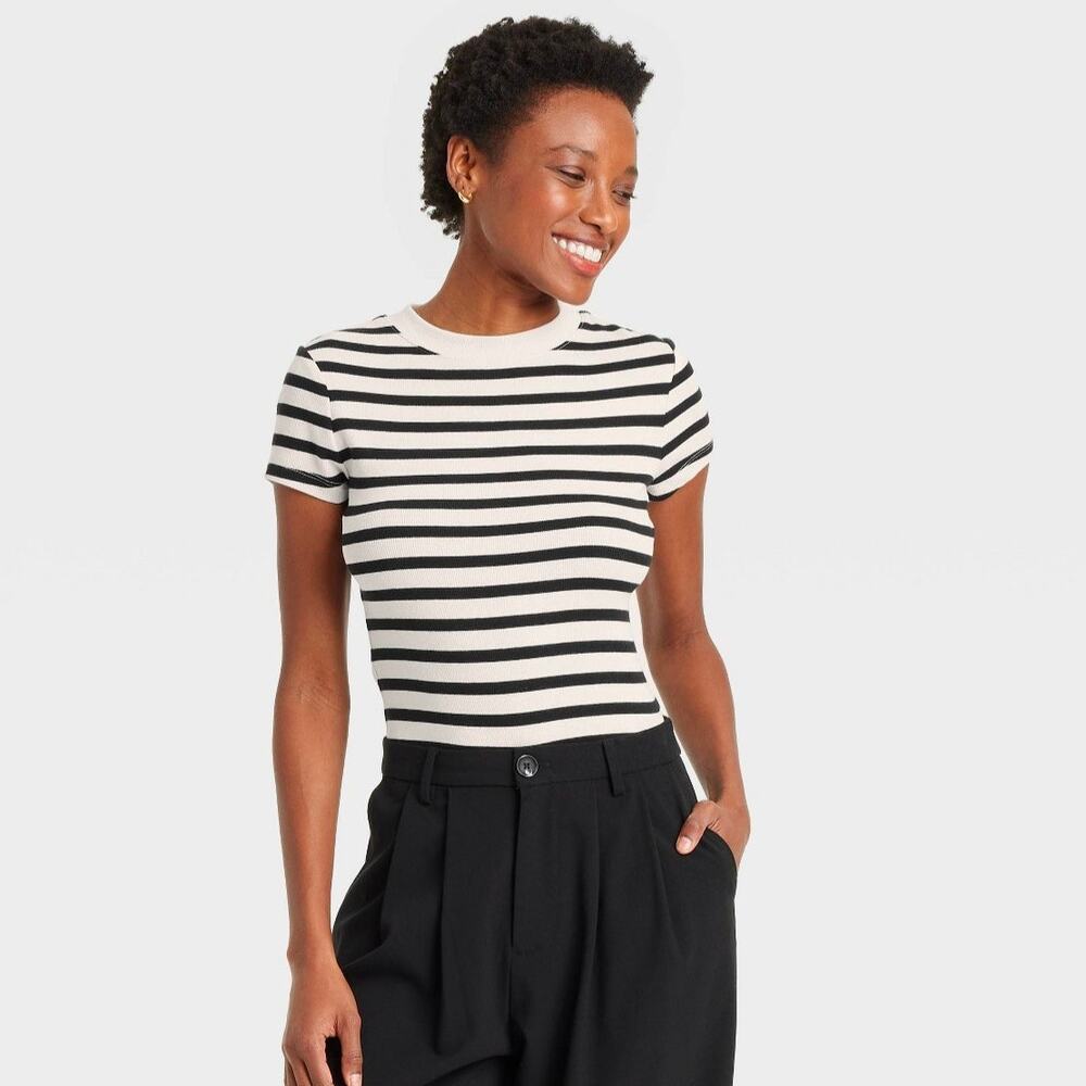 a new day Black and White Striped Short Sleeve Tee